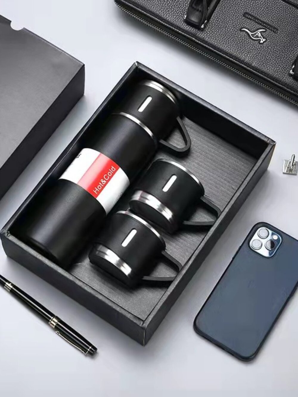 Stainless Steel Double Insulated Vacuum Flask Set w/ 3 Cups – Black